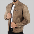 Men’s Distressed Beige Leather Biker Jacket