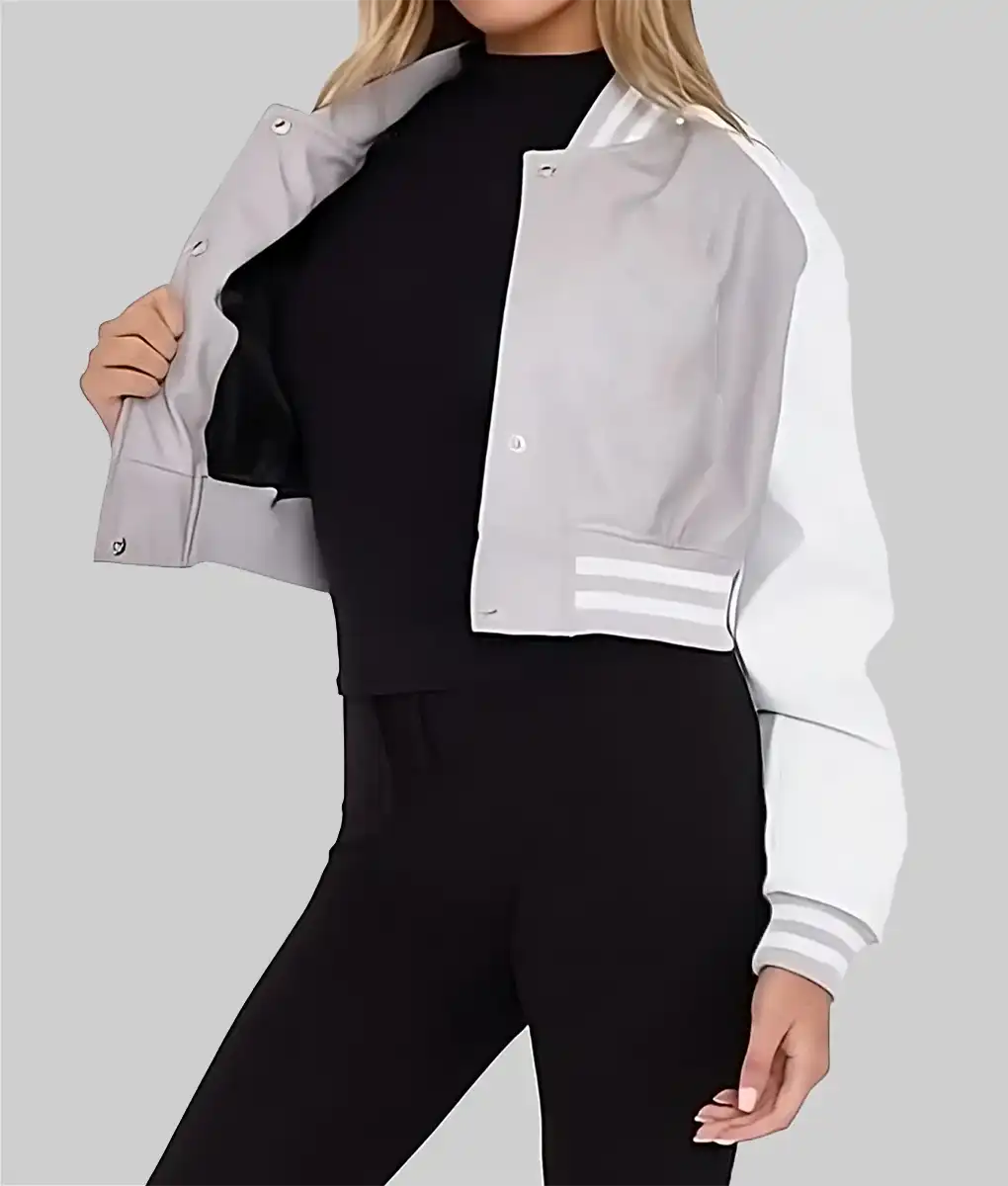 Women’s Grey and White Leather Varsity Jacket