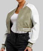 Women’s Olive Green and White Leather Varsity Jacket