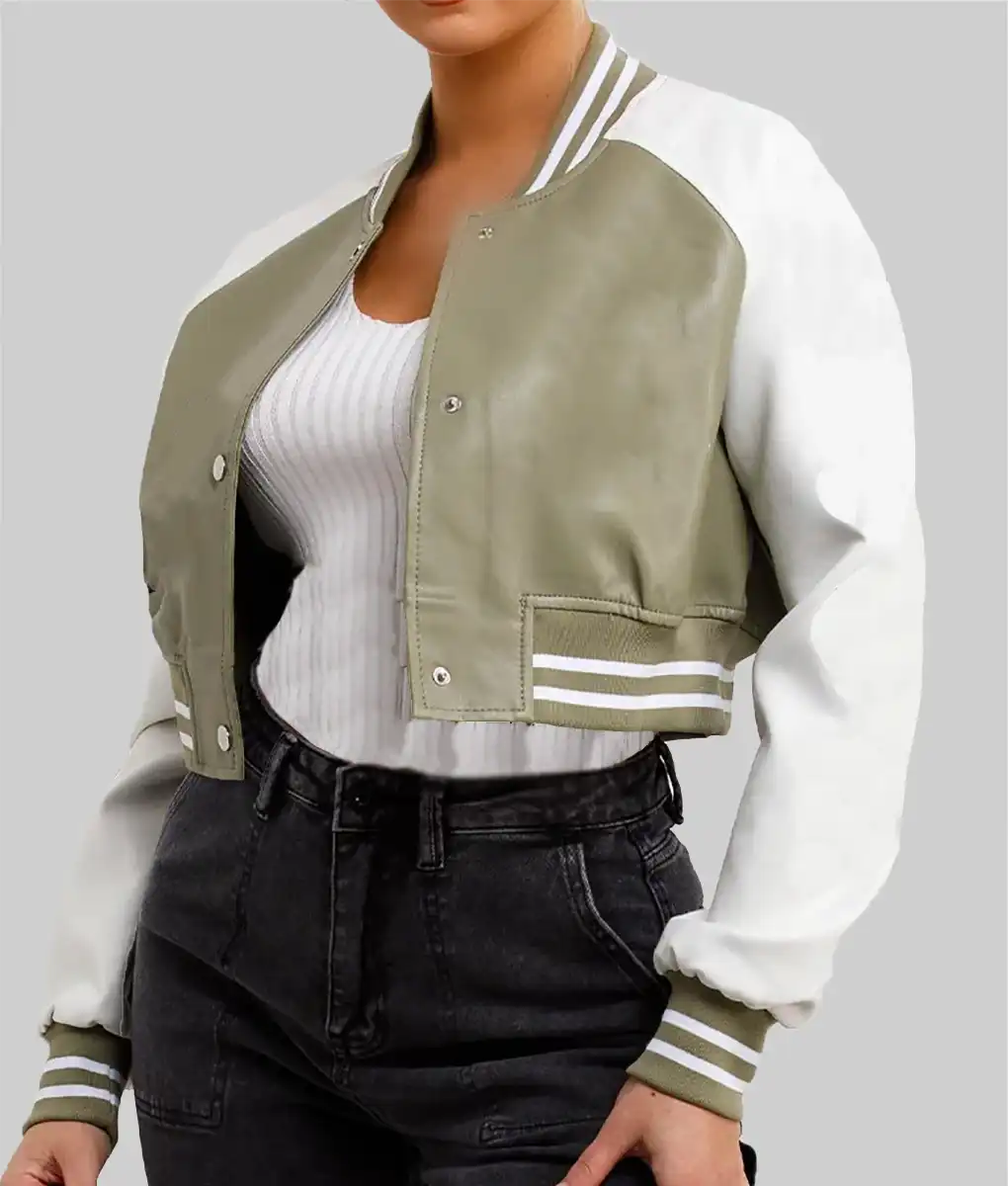 Women’s Olive Green and White Leather Varsity Jacket