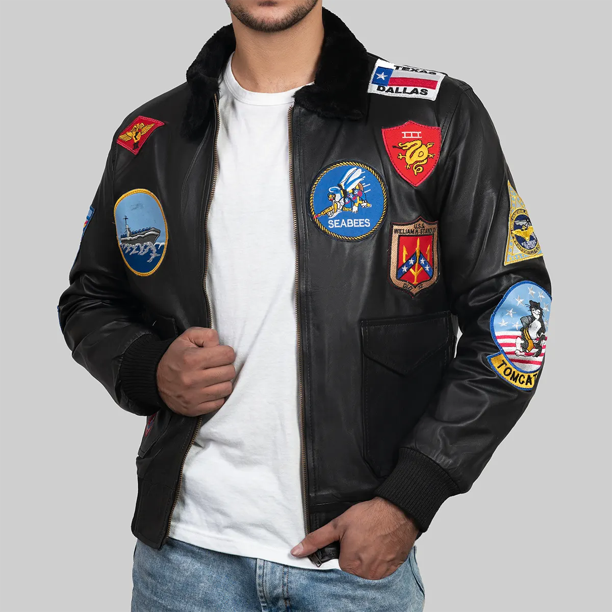 Top Gun Black Leather Maverick Bomber Jacket