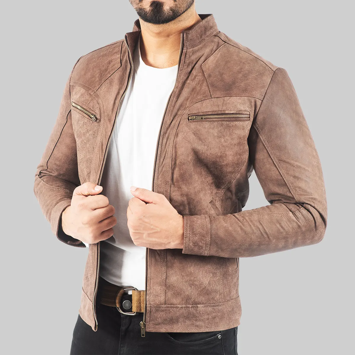 Men’s Distressed Brown Leather Biker Jacket