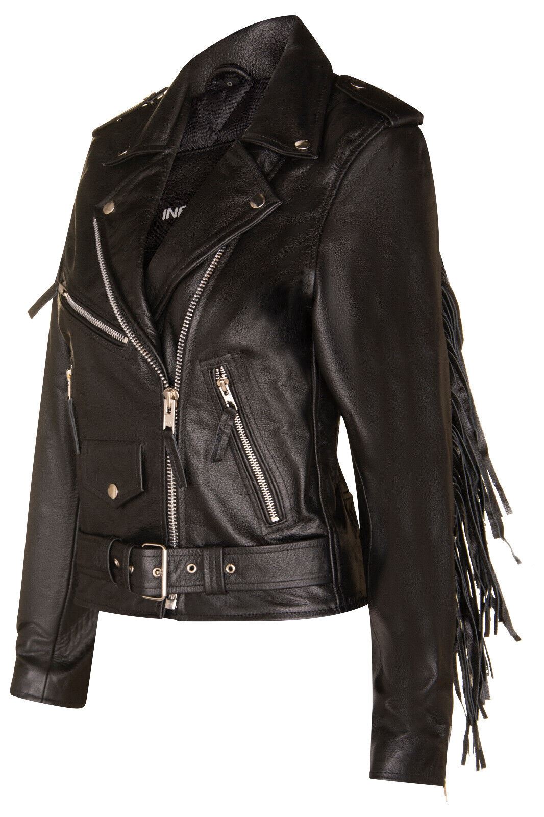 Women's Black FRINGE Leather Brando TASSELED Motorcycle Cow Hide Biker Jacket