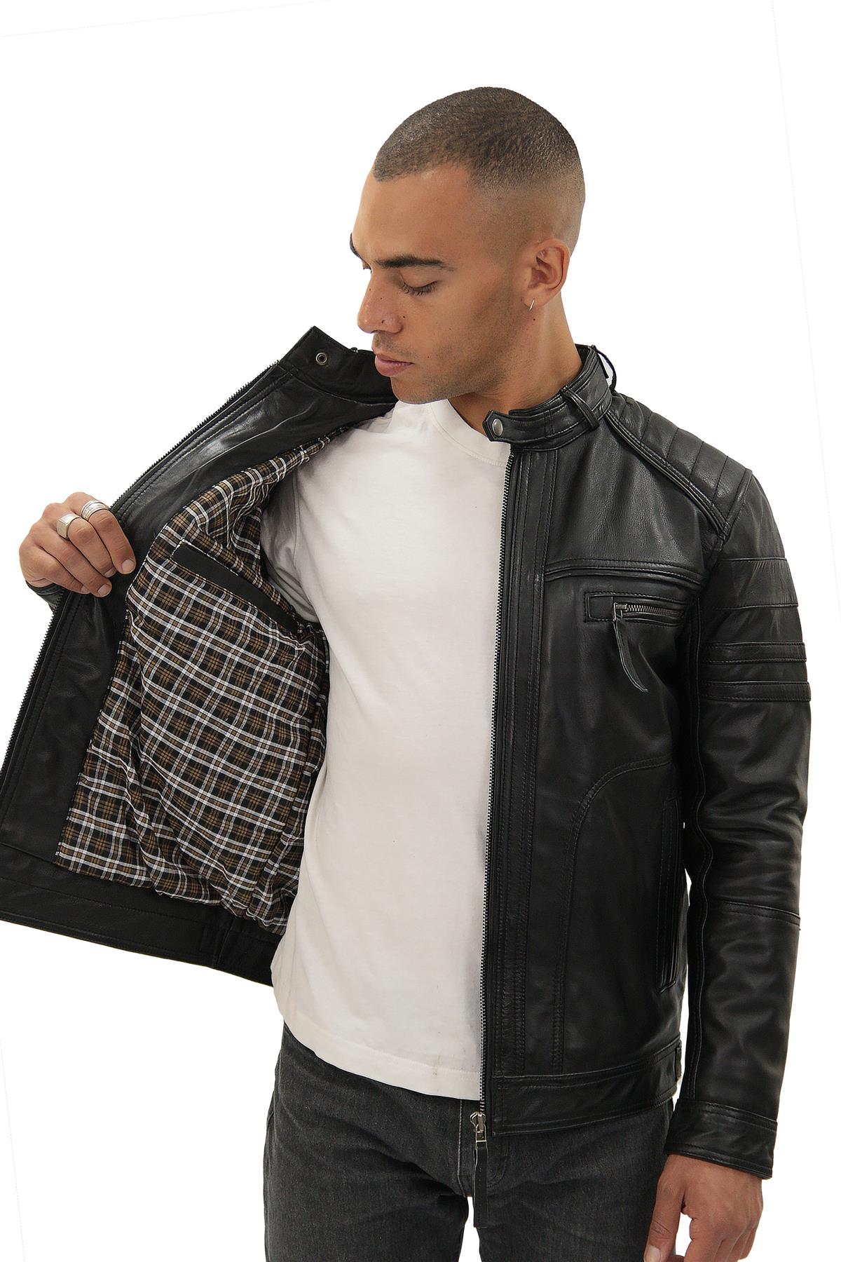 Men's Vintage Black Leather Biker Jacket-Naples