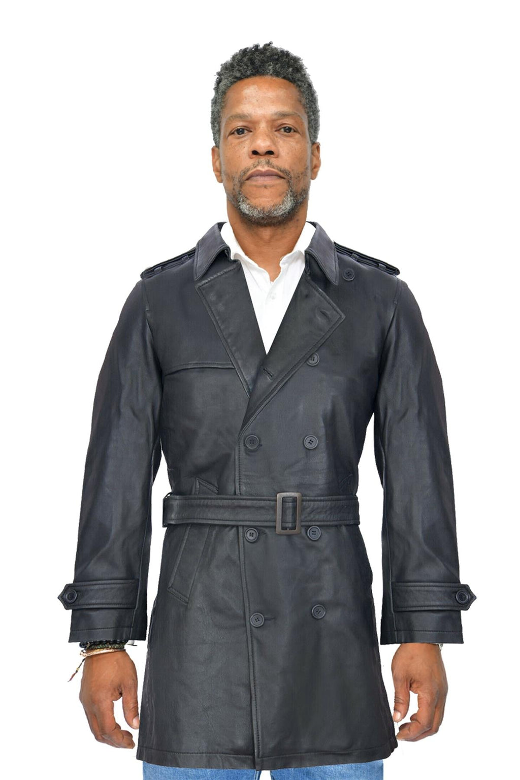 Mens Black Leather Trench Coat-Memphis