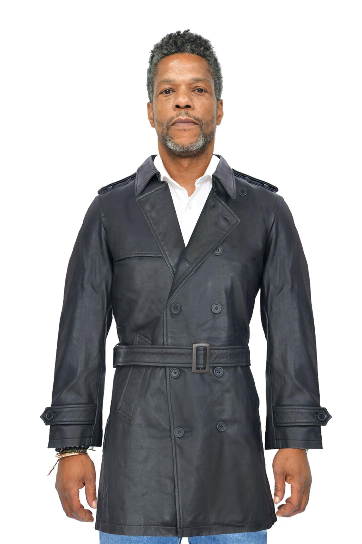 Mens Black Leather Trench Coat-Memphis