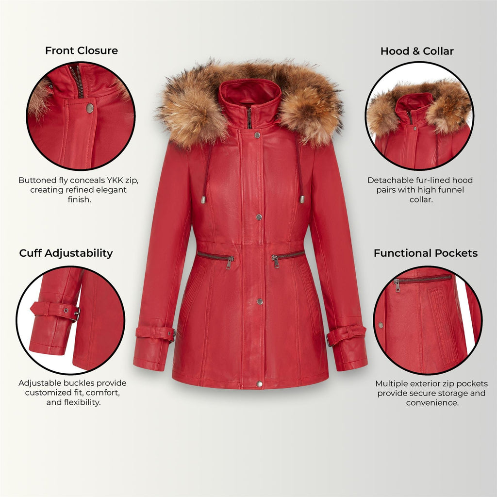 Womens Leather Hooded Parka Jacket-Putian