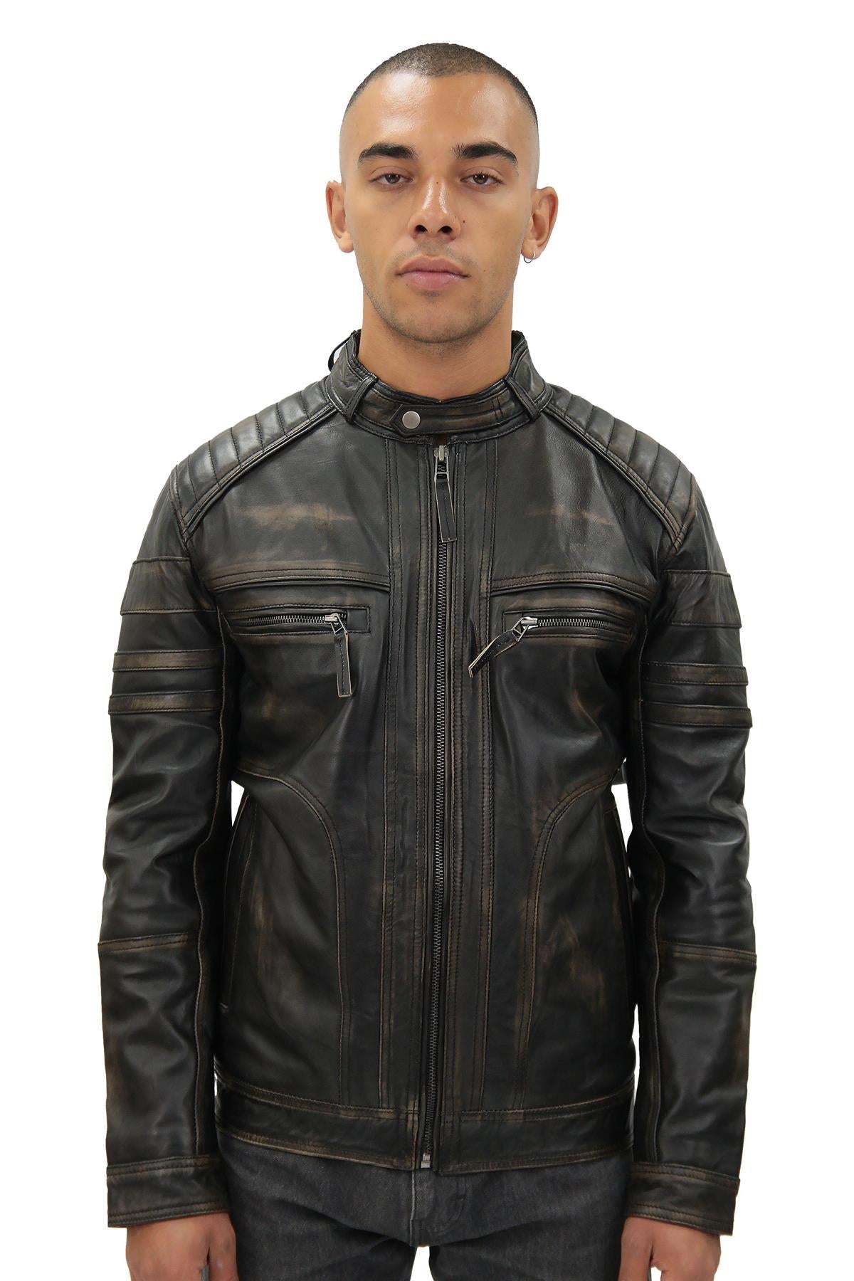 Men's Vintage Black Leather Biker Jacket-Naples