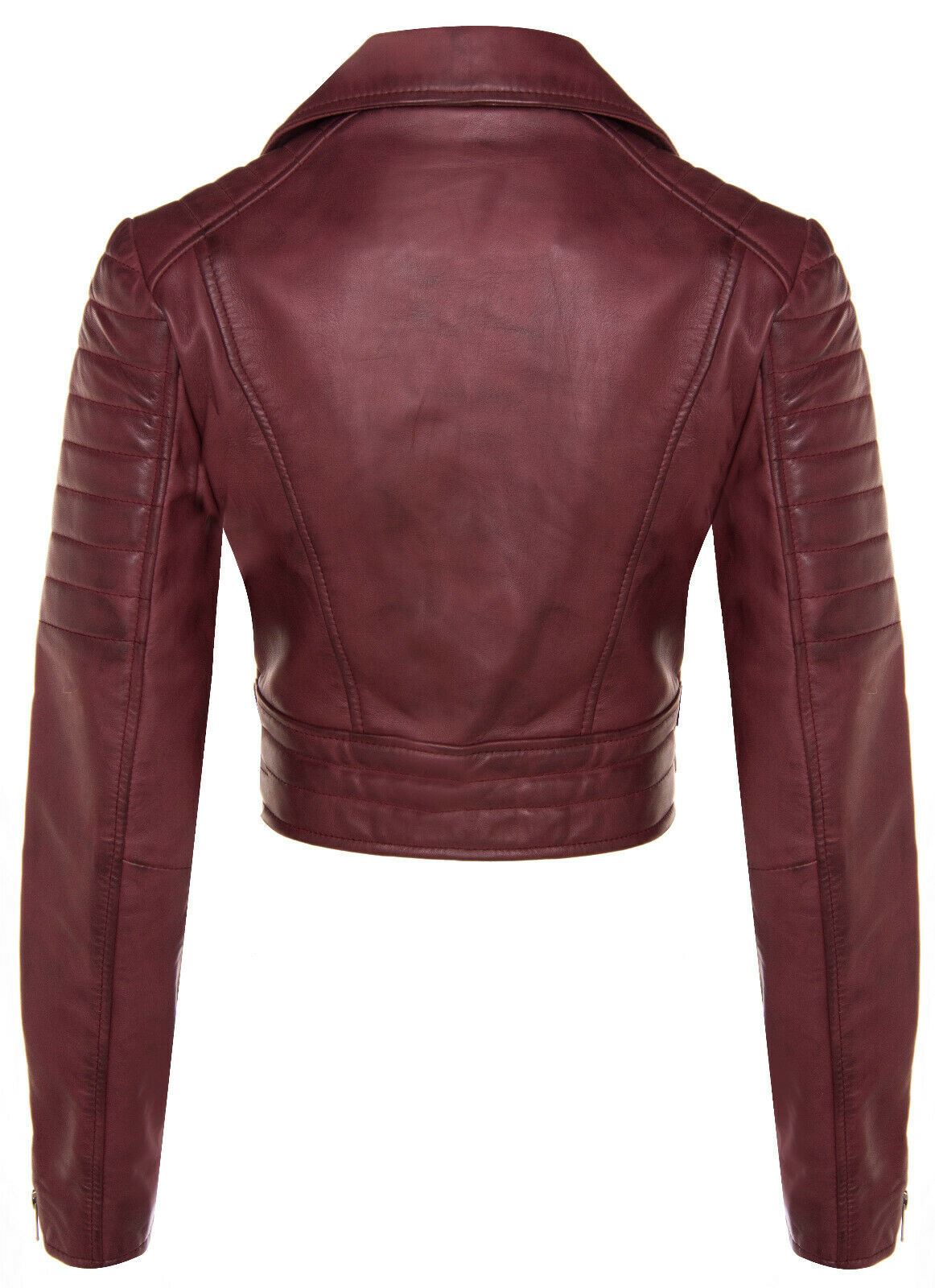 Womens Cropped Brando Leather Biker Jacket-Damascus