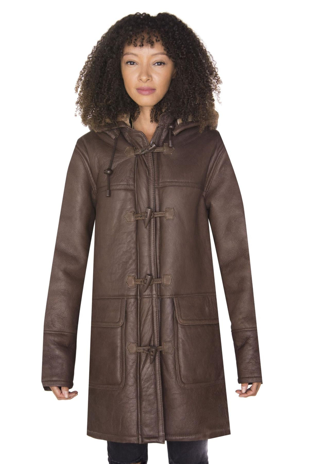 Womens Brown Hooded Sheepskin Leather Duffle Coat-Charlotte