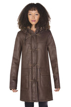 Womens Brown Hooded Sheepskin Leather Duffle Coat-Charlotte