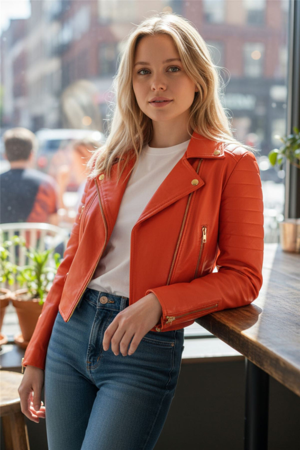 Womens Cropped Brando Leather Biker Jacket-Damascus