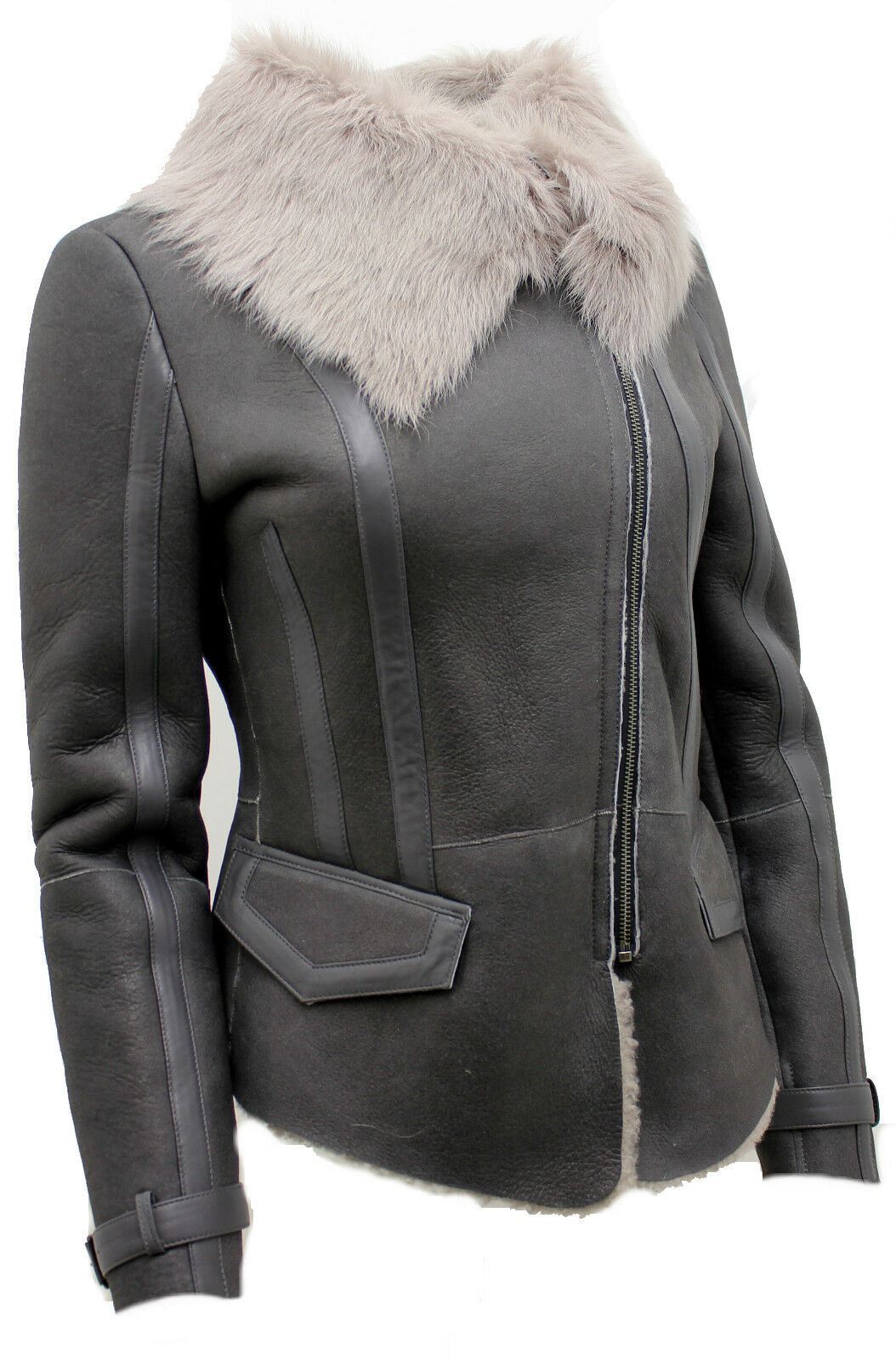 Womens Grey Toscana Shearling Flying Jacket-Teresina