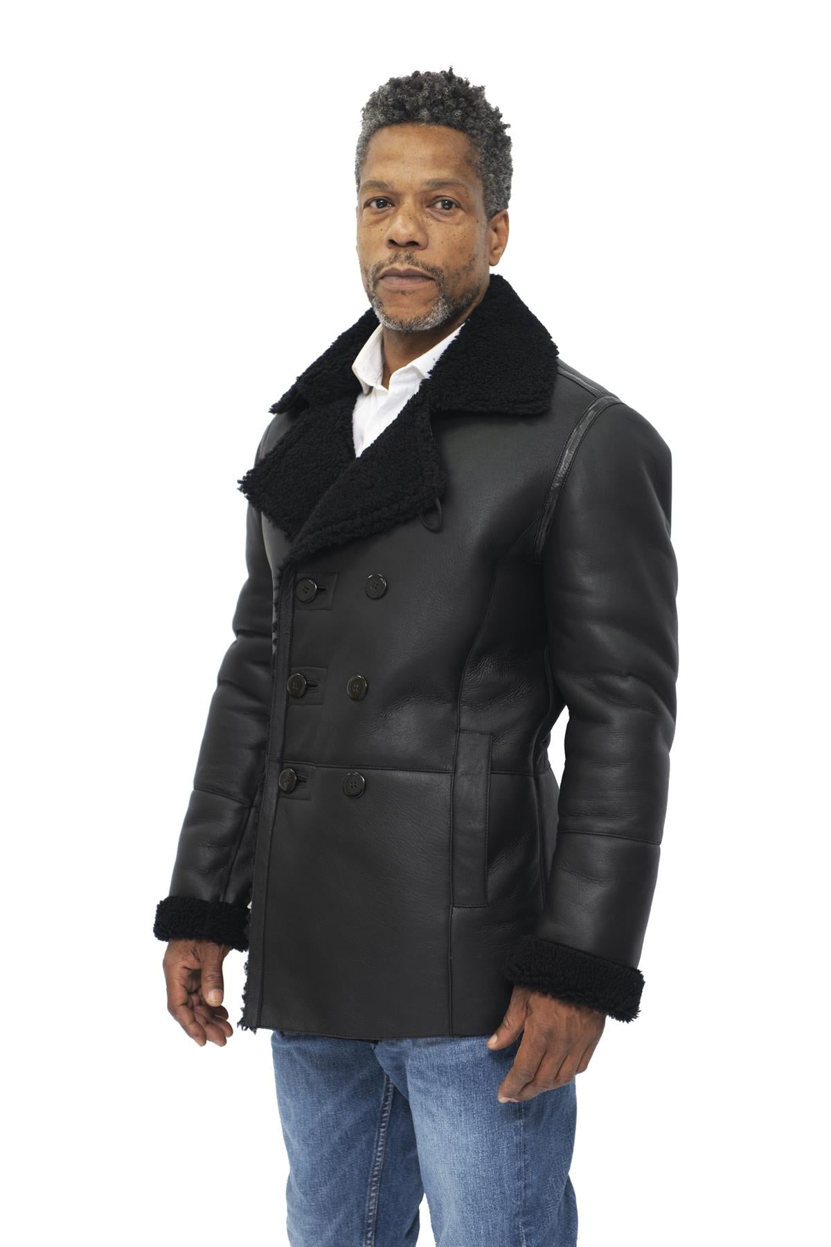 Mens Double Breasted Shearling Sheepskin Pea Coat-Valencia