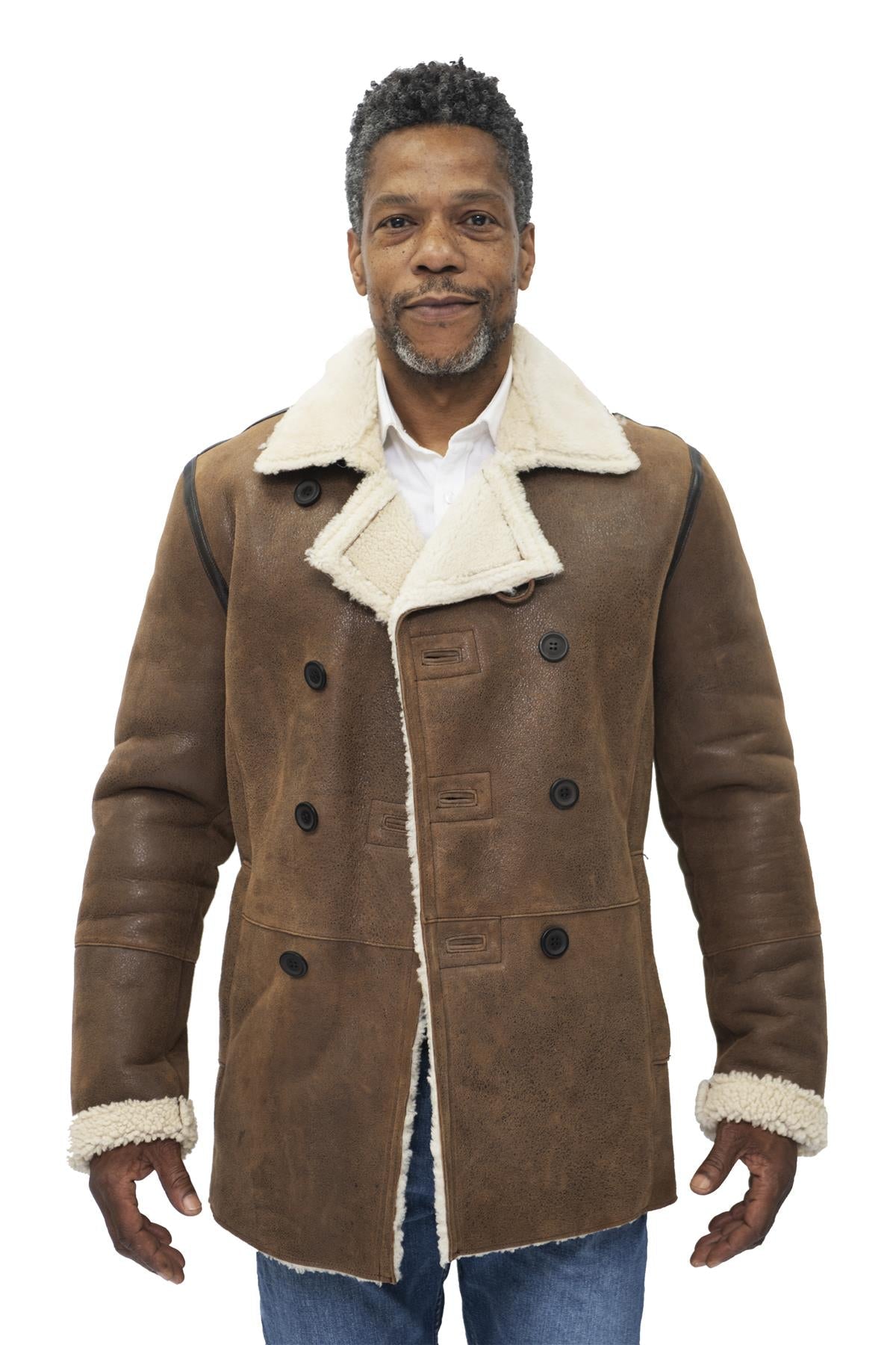 Mens Double Breasted Shearling Sheepskin Pea Coat-Valencia