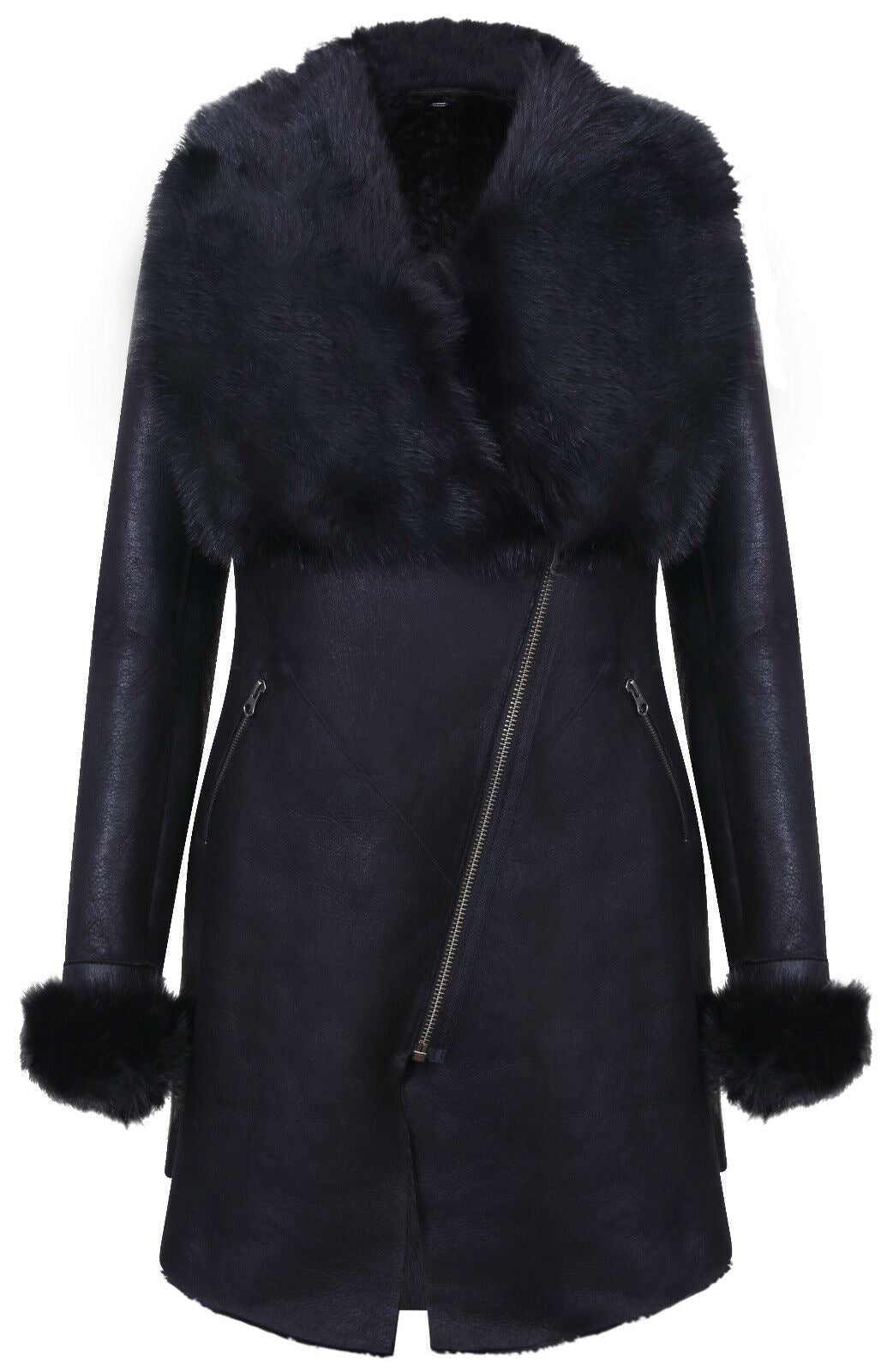 Womens Black Merino Shearling Coat with Toscana Collar-Fortaleza
