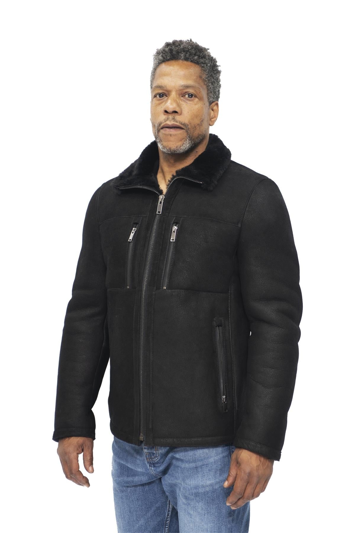 Mens Sheepskin Biker Bomber Jacket-Agboville