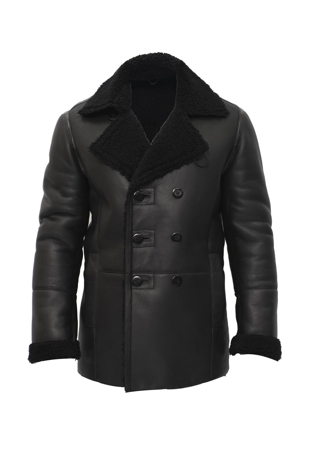 Mens Double Breasted Shearling Sheepskin Pea Coat-Valencia