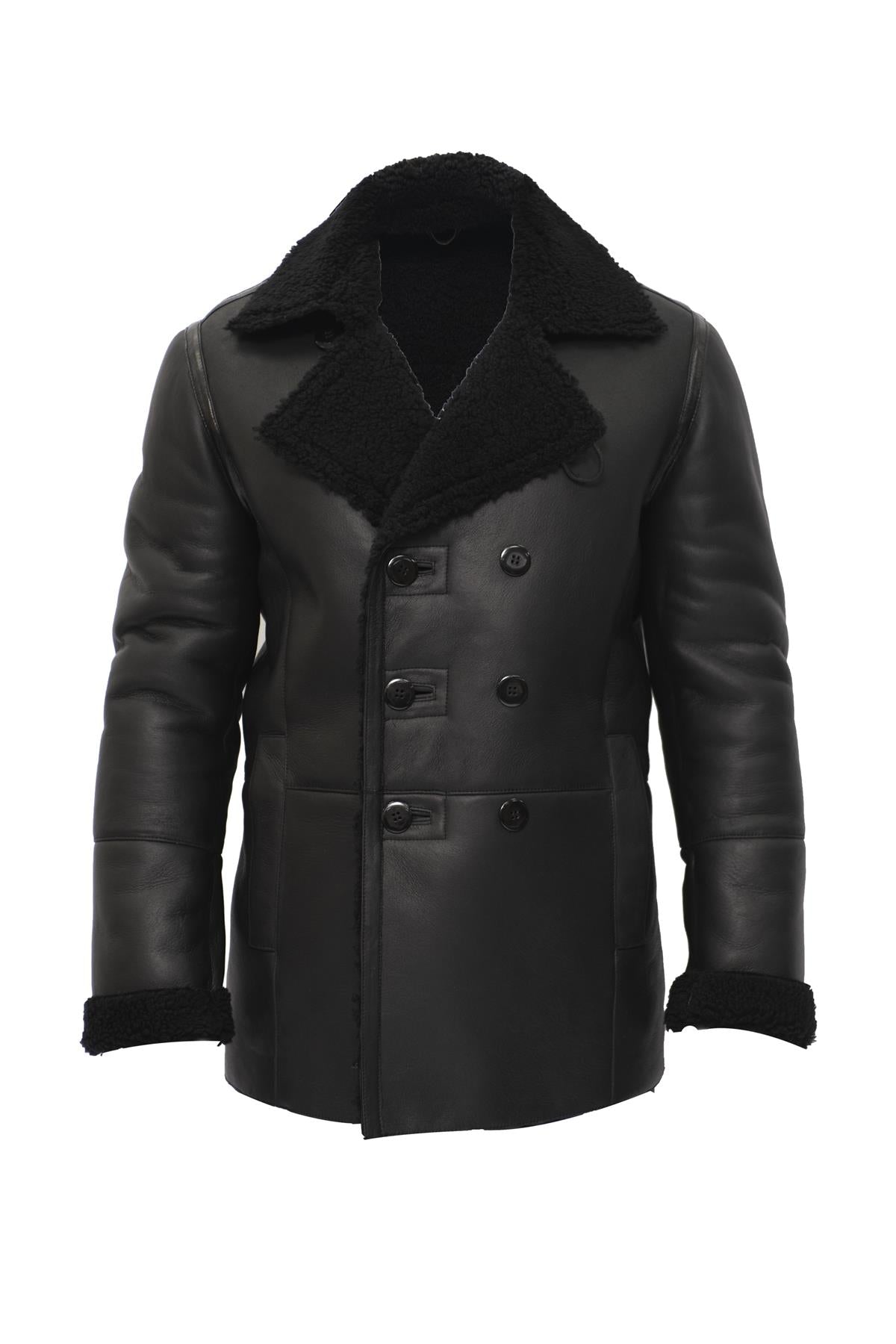 Mens Double Breasted Shearling Sheepskin Pea Coat-Valencia