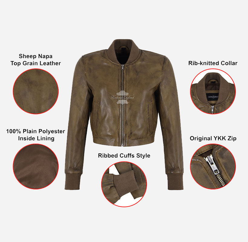 Ximena Women Vintage Look Cropped Leather Bomber Jacket