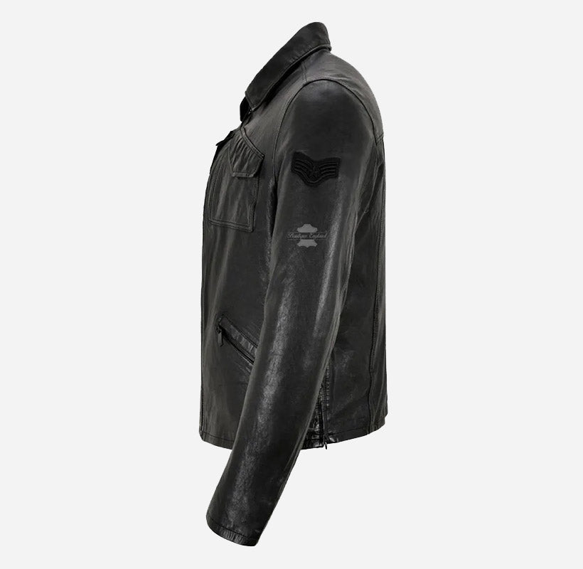 LENNOX Veg Tanned Mens Collared Leather Jacket in Black