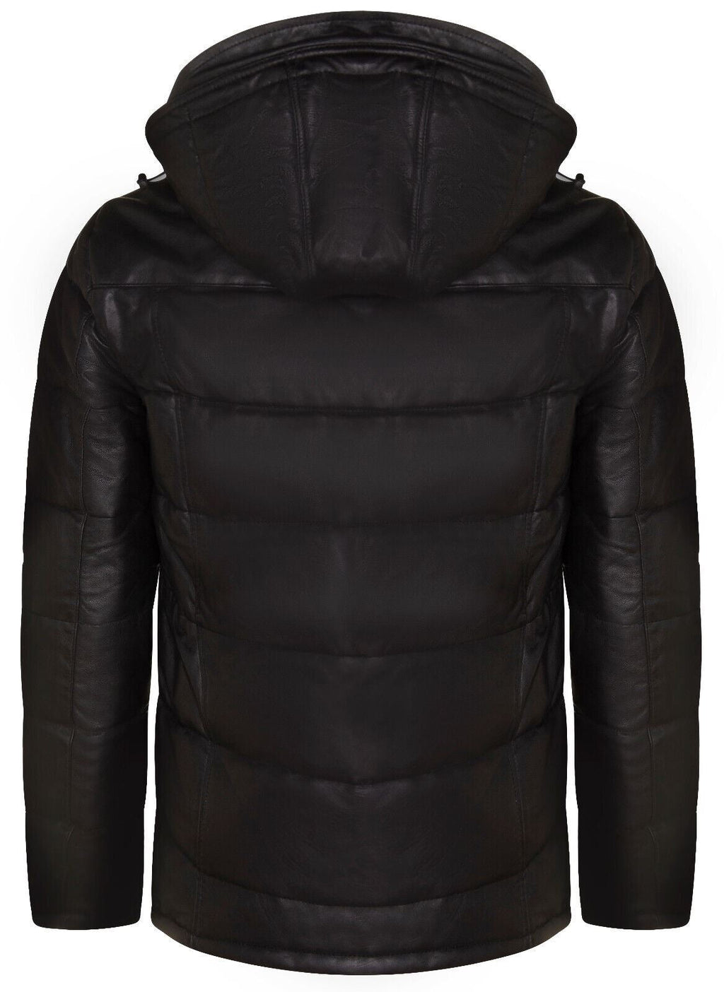 Mens Black Puffer Leather Quilted Warm Bomber Hooded Jacket