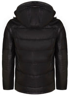 Mens Black Puffer Leather Quilted Warm Bomber Hooded Jacket