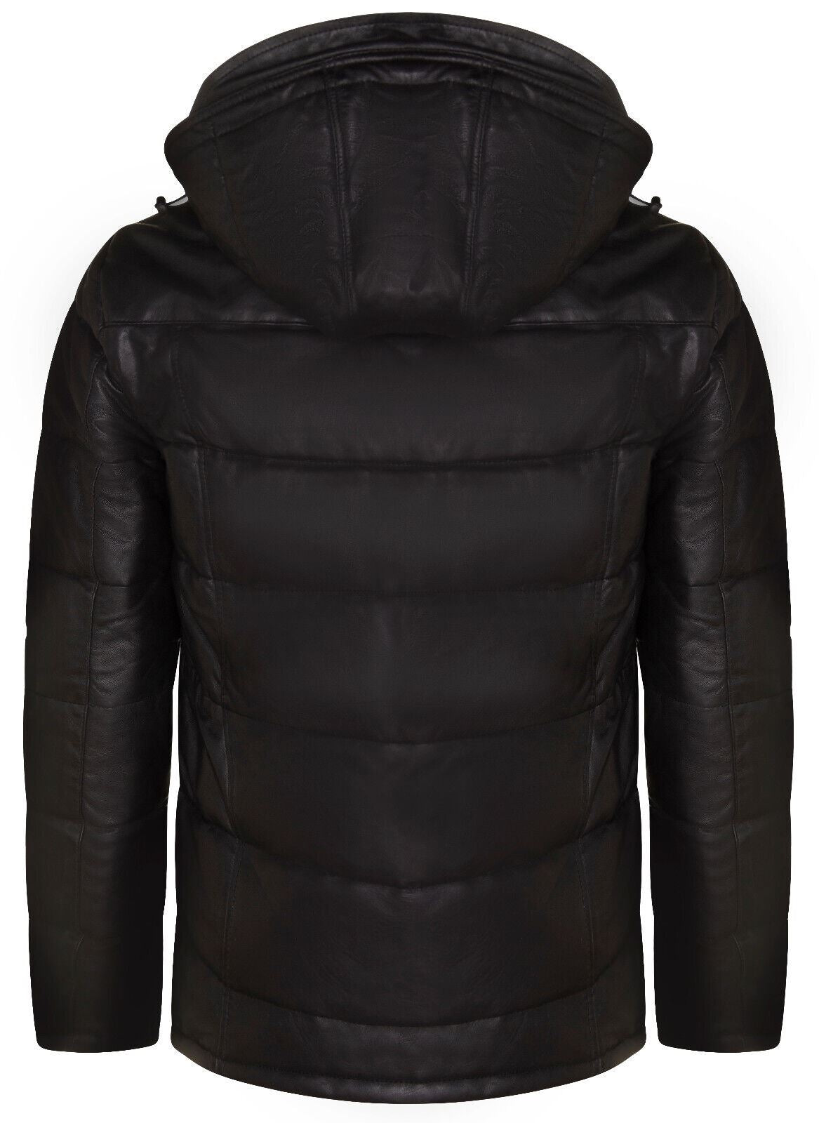 Mens Black Puffer Leather Quilted Warm Bomber Hooded Jacket