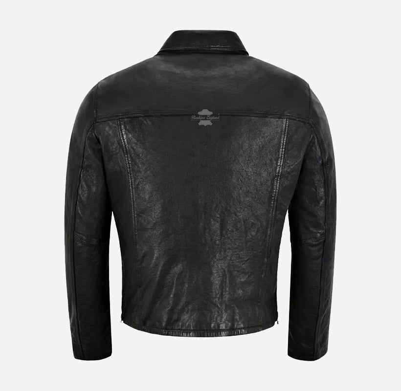 LENNOX Veg Tanned Mens Collared Leather Jacket in Black