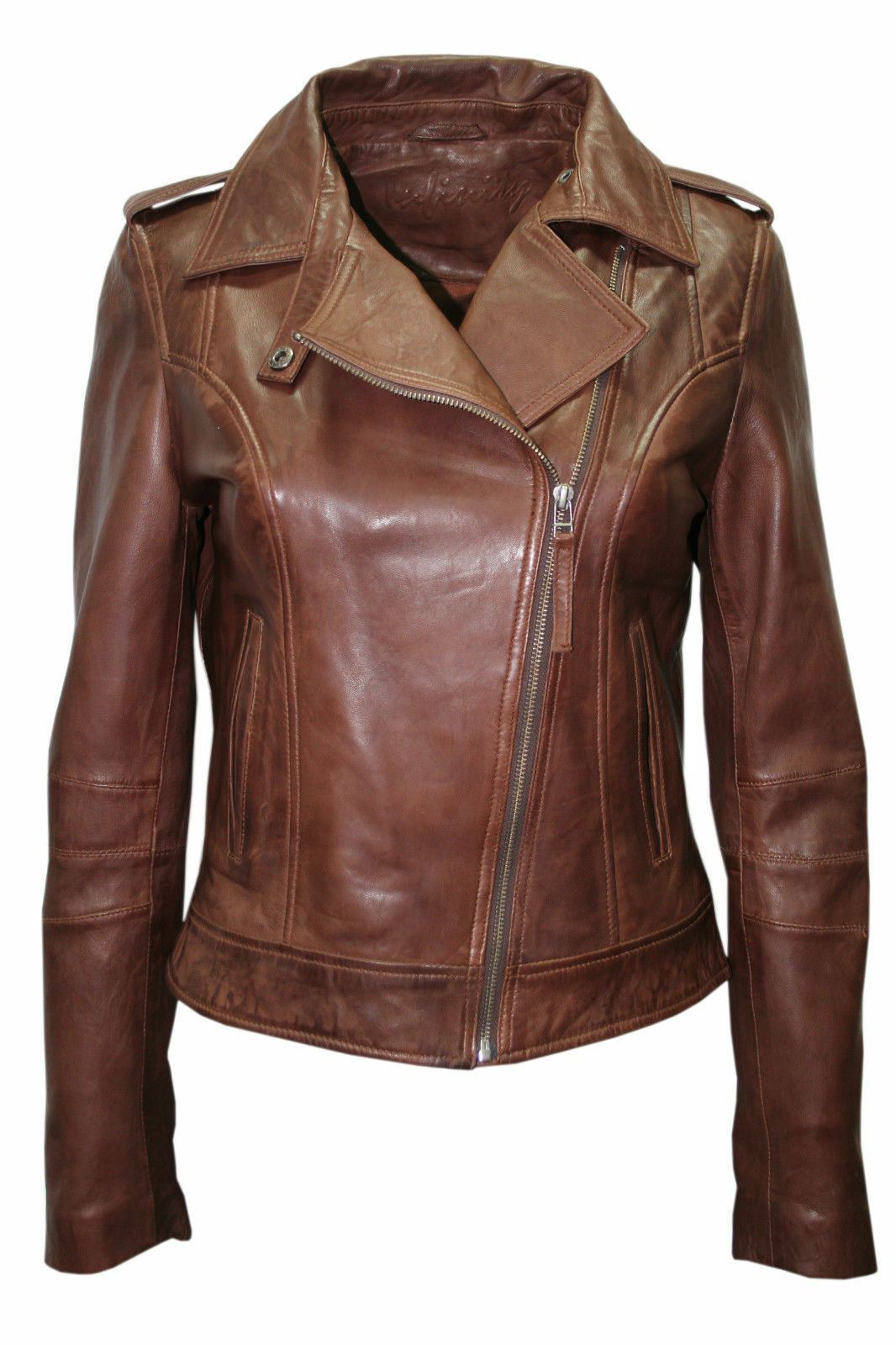 Womens Chestnut Leather Biker Jacket-Reynosa