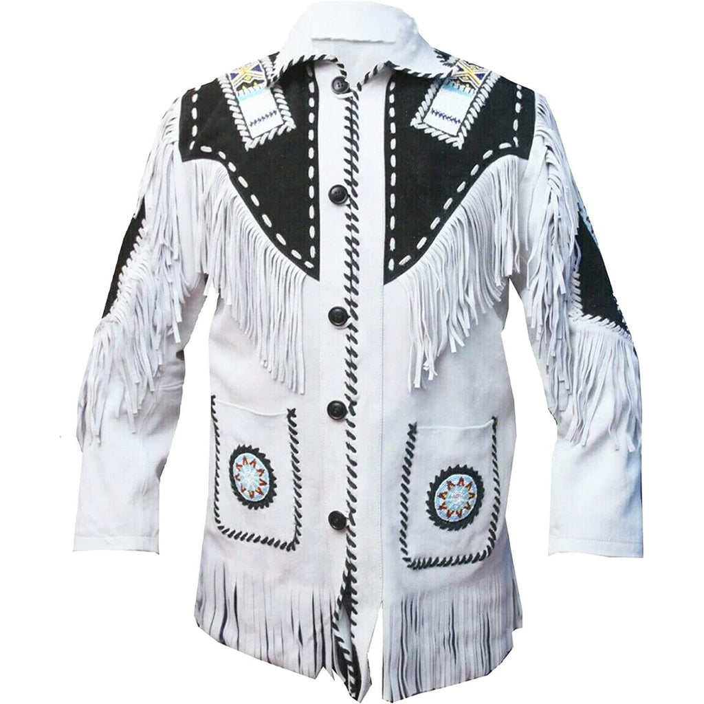 Men White Western Style Fringes Leather Jacket