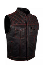 Mens Leather Club Vest Red Thread, Red Paisley Lining, Zipper Front, Diamond Paddin