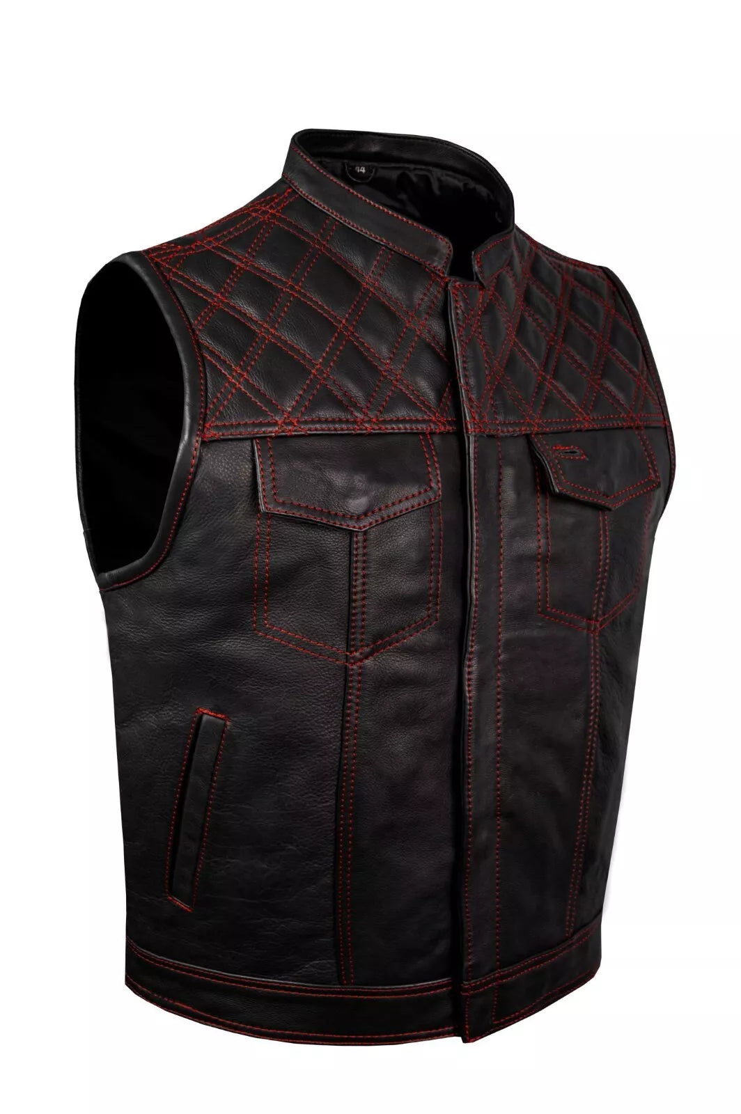 Mens Leather Club Vest Red Thread, Red Paisley Lining, Zipper Front, Diamond Paddin