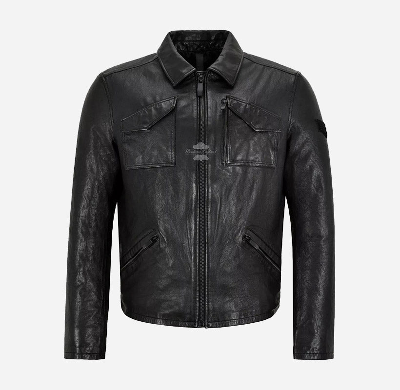 LENNOX Veg Tanned Mens Collared Leather Jacket in Black