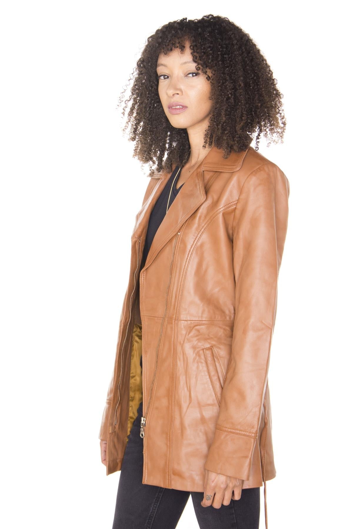 Womens Leather Long Biker Jacket-Muscat