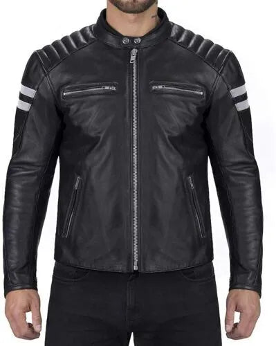 Mens Antique Vintage Black Leather Jacket | Men's Retro Motorcycle Jacket | Slimfit Cafe Racer Lambskin Leather Jacket