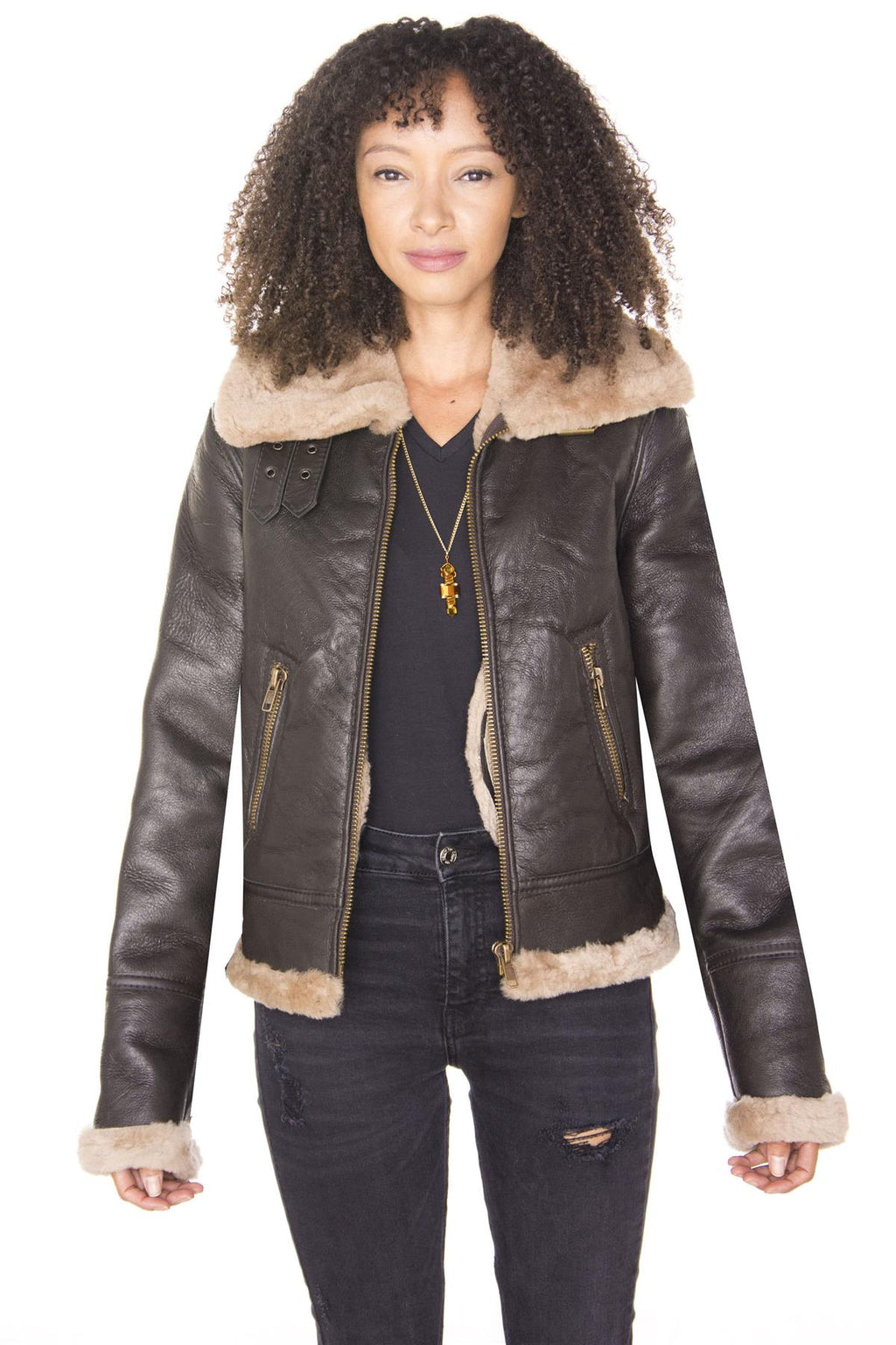Womens Brown B3 Sheepskin Leather Flying Jacket-Kayseri