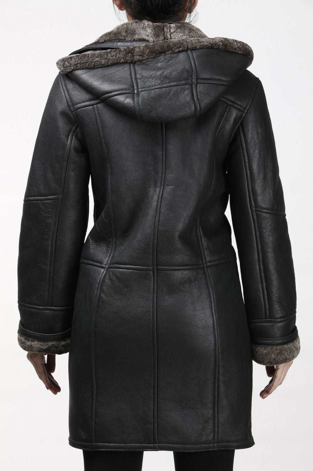 Womens Black Shearling Hooded Duffle Coat-Lille