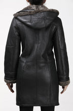 Womens Black Shearling Hooded Duffle Coat-Lille