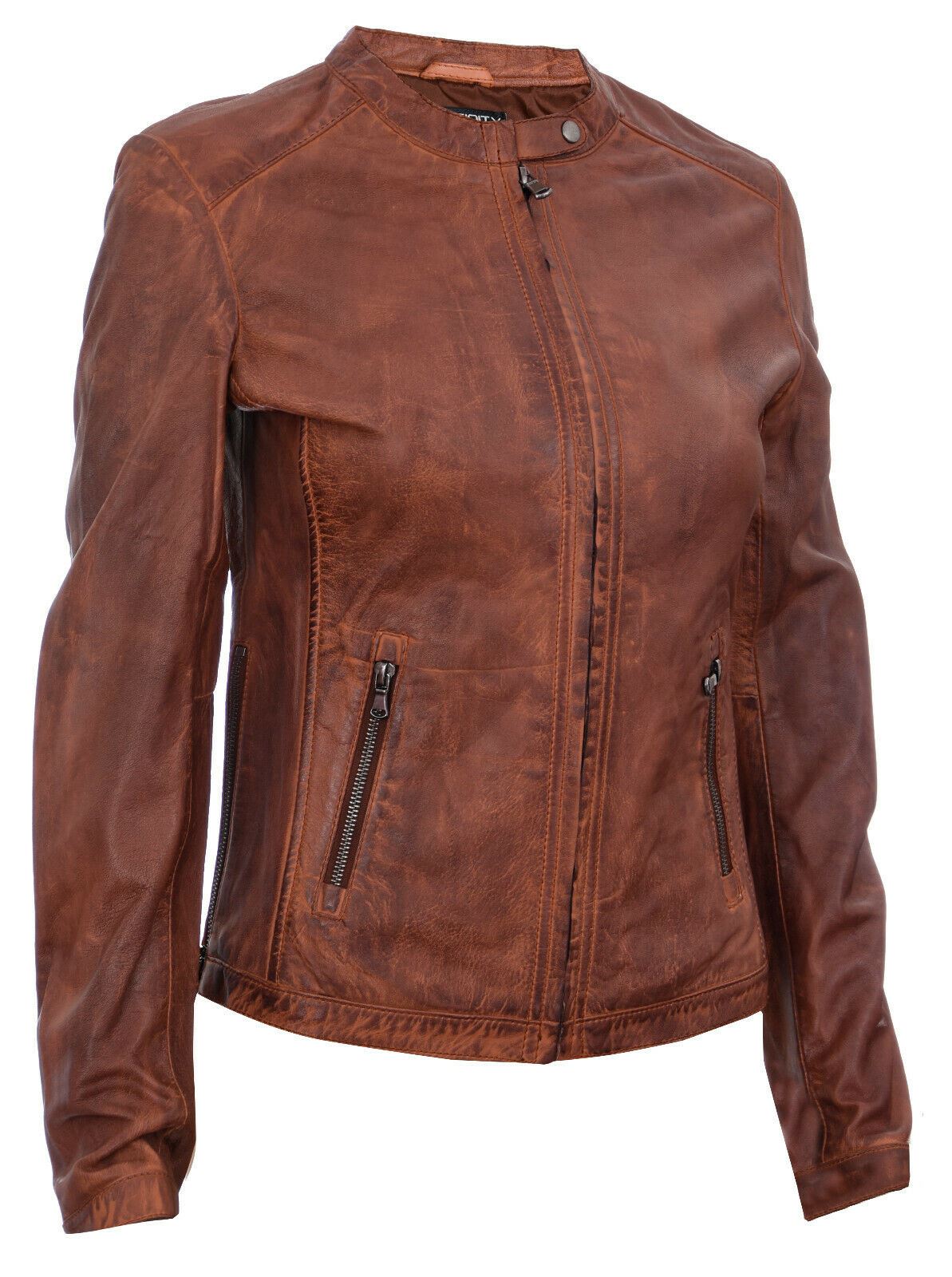 Womens Tan Leather Biker Jacket-Prague