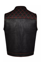 Mens Leather Club Vest Red Thread, Red Paisley Lining, Zipper Front, Diamond Paddin