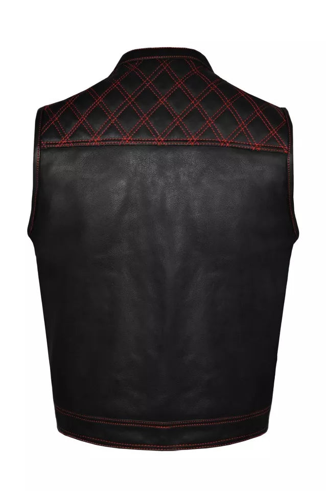 Mens Leather Club Vest Red Thread, Red Paisley Lining, Zipper Front, Diamond Paddin