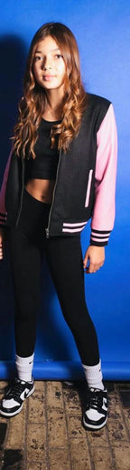 Kids Varsity Black & Pink Bomber Jacket with Real Leather Sleeves 3-13 yrs