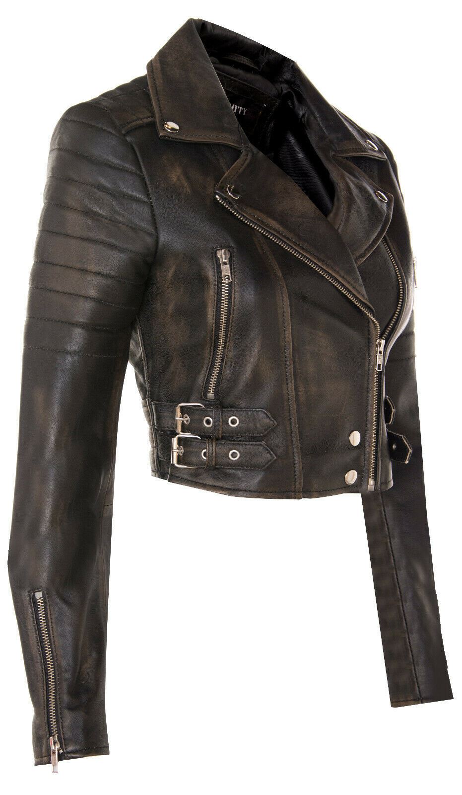 Womens Cropped Brando Leather Biker Jacket-Damascus
