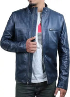 Kirk Men’s Blue Distressed Leather Biker Jacket