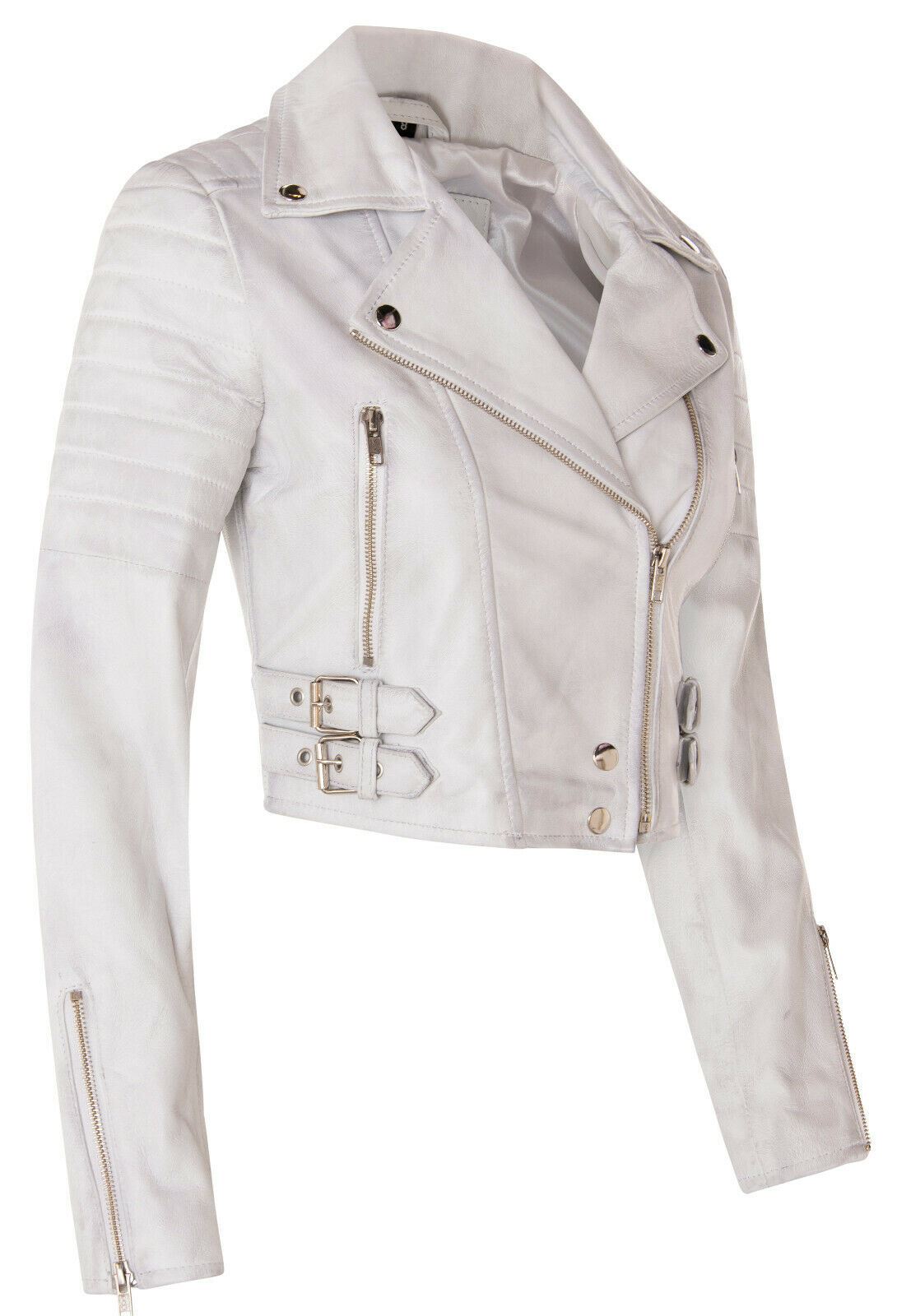 Womens Cropped Brando Leather Biker Jacket-Damascus