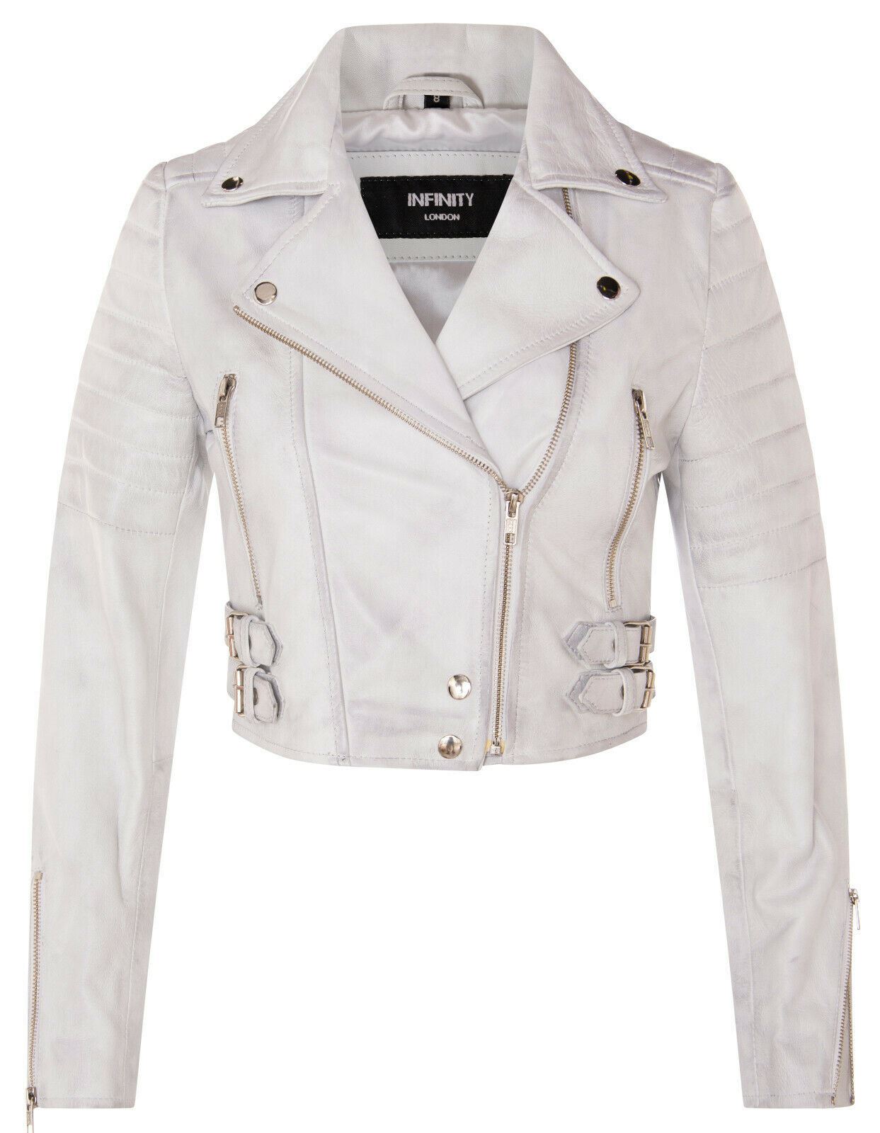 Womens Cropped Brando Leather Biker Jacket-Damascus