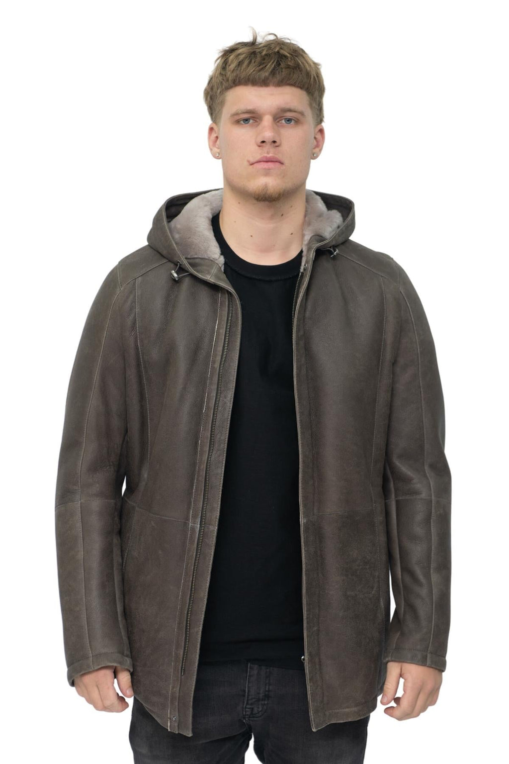 Mens Sheepskin Hooded Parka Coat-Alafaya