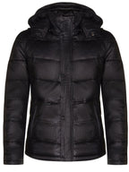 Mens Black Puffer Leather Quilted Warm Bomber Hooded Jacket