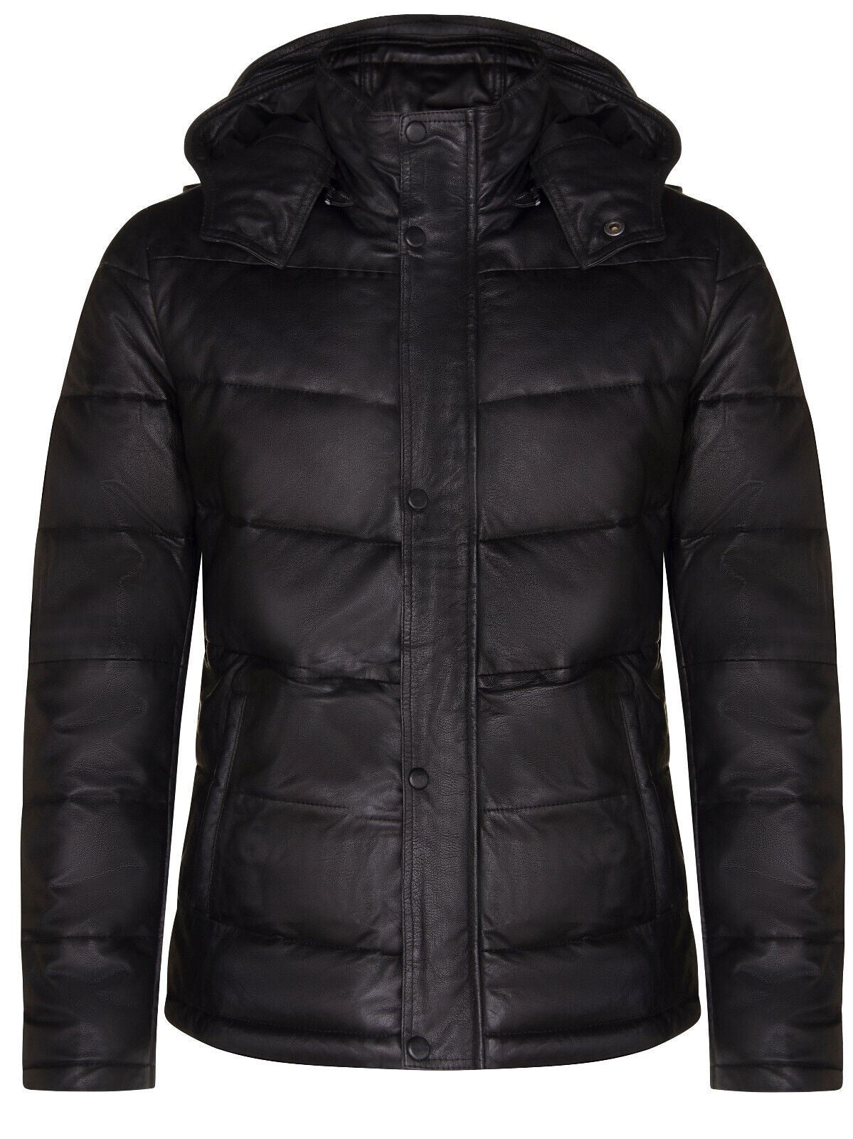 Mens Black Puffer Leather Quilted Warm Bomber Hooded Jacket